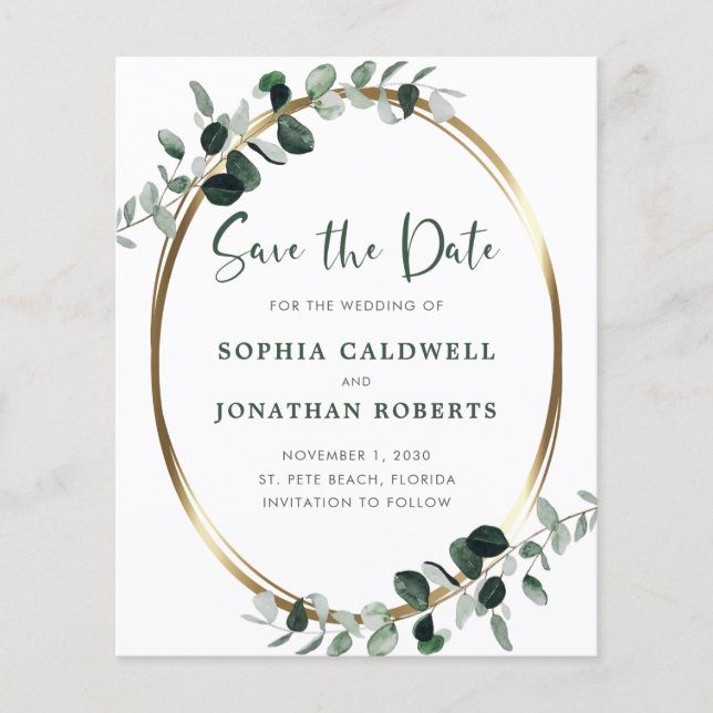 Budget Eucalyptus Gold Metallic Save the Date (Front)