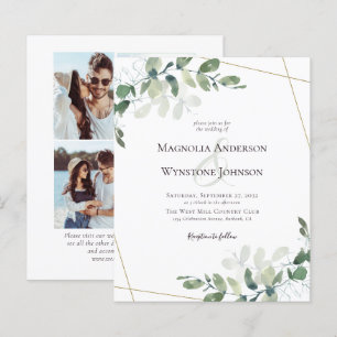 Budget Eucalyptus Gold Photo Wedding Invitation
