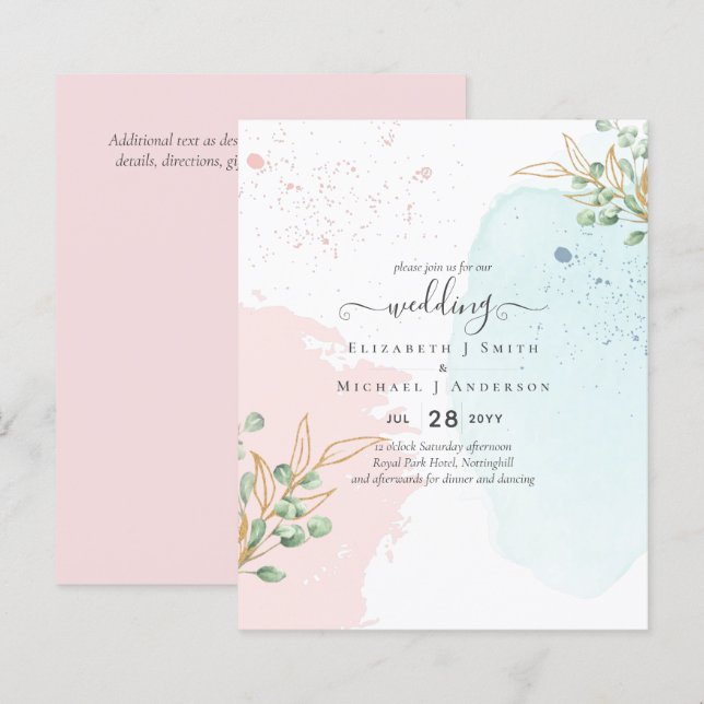 BUDGET Eucalyptus Gold Pink Blue Leaves Wedding (Front/Back)