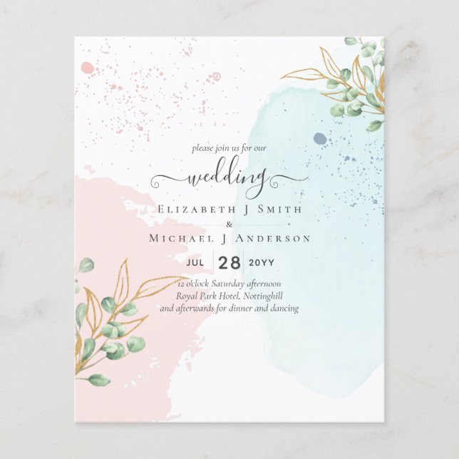 BUDGET Eucalyptus Gold Pink Blue Leaves Wedding Flyer (Front)