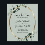 Budget Eucalyptus Gold Sage Wedding Save the Date<br><div class="desc">Budget Eucalyptus Gold Metallic Sage Wedding Save the Date... Our affordable sage green botanical Save the Date features a gold metallic oval frame embellished with emerald-hued eucalyptus leaves creating a natural looking border for the announcement text within. The back of the card contains your wedding website information and a QR...</div>