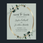 Budget Eucalyptus Gold Sage Wedding Save the Date<br><div class="desc">Budget Eucalyptus Gold Metallic Sage Wedding Save the Date... Our affordable sage green botanical Save the Date features a gold metallic oval frame embellished with emerald-hued eucalyptus leaves creating a natural looking border for the announcement text within. The back of the card contains your wedding website information and a QR...</div>