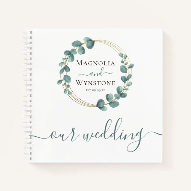 BUDGET Eucalyptus Gold Wreath Wedding Guestbook Notebook (Front)