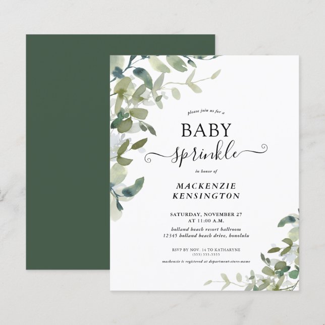Budget Eucalyptus Green Baby Sprinkle Invitation (Front/Back)