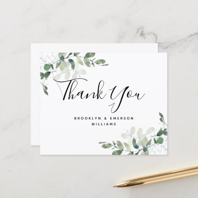 BUDGET Eucalyptus Green Foliage Wedding Thank You  (Front/Back In Situ)