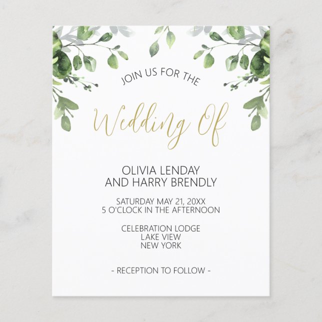 Budget Eucalyptus Green Gold Wedding Flyer (Front)