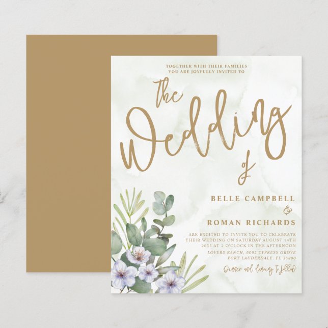 Budget Eucalyptus Green & Gold Wedding Invitation (Front/Back)