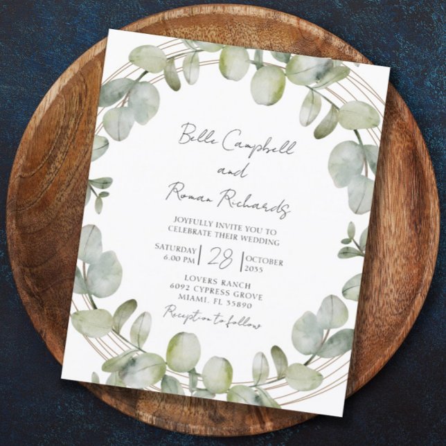 Budget Eucalyptus Green Gold Wedding Invitation (Creator Uploaded)