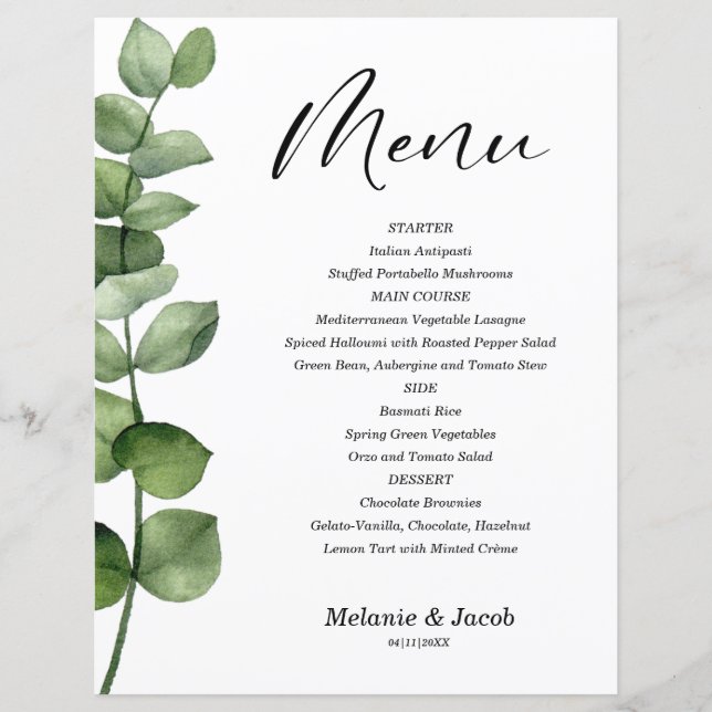 Budget Eucalyptus Green Leaves Flat Menu Card (Front)