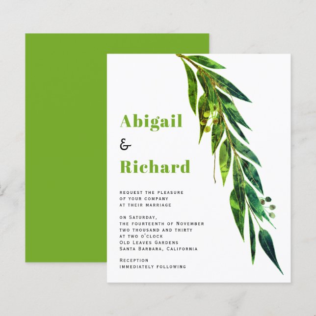 BUDGET eucalyptus green tones wedding invitation (Front/Back)