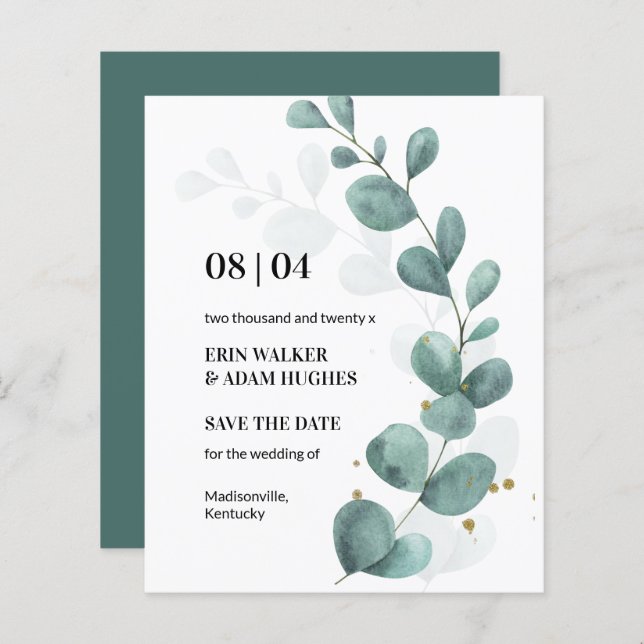 Budget Eucalyptus Green Watercolor Save the Date (Front/Back)