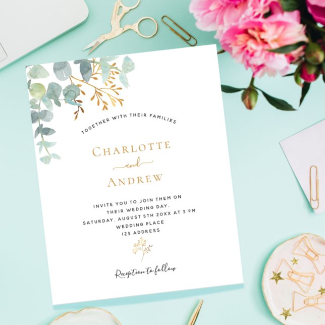 Budget Eucalyptus greenery gold wedding invitation (Creator Uploaded)