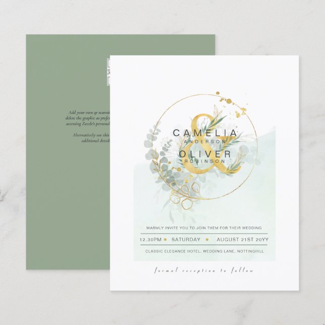 BUDGET Eucalyptus Greenery Gold Wedding QR CODE IN (Front/Back)