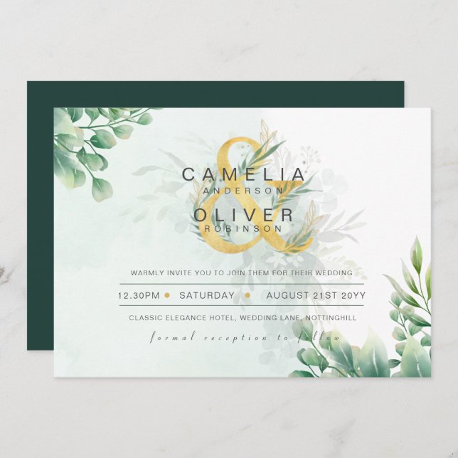 BUDGET Eucalyptus Greenery Gold Wedding QR CODE IN Invitation (Front/Back)