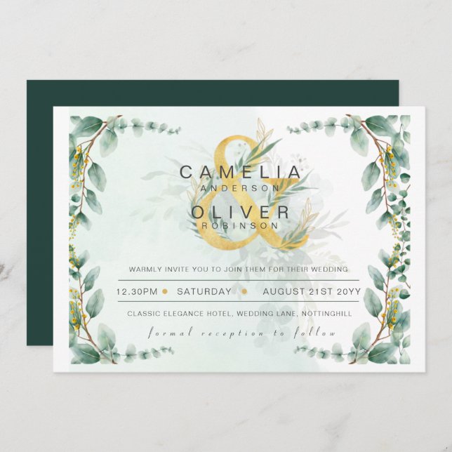 BUDGET Eucalyptus Greenery Gold Wedding QR CODE IN Invitation (Front/Back)