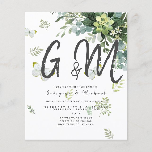BUDGET Eucalyptus Greenery Leaf Botanical Wedding Flyer (Front)