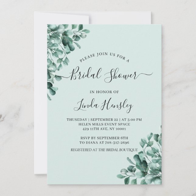 Budget Eucalyptus Greenery Leaves Bridal Shower Invitation (Front)