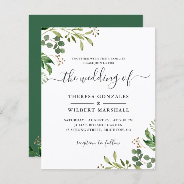 Budget Eucalyptus Greenery Leaves Wedding Invites (Front/Back)
