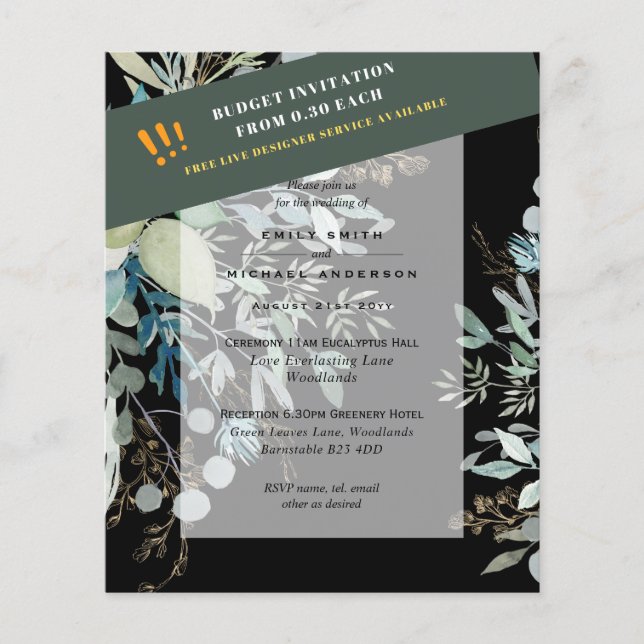 BUDGET EUCALYPTUS Greenery Leaves Wedding INVITES  Flyer (Front)