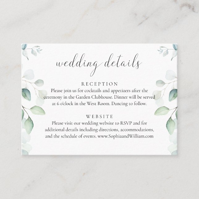 Budget Eucalyptus Greenery Wedding Details Card (Front)