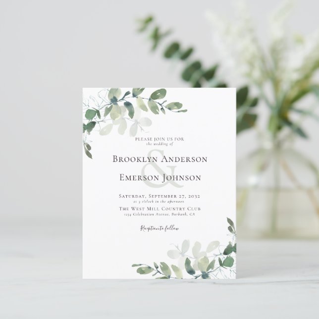 Budget Eucalyptus Greenery Wedding Invitation (Standing Front)