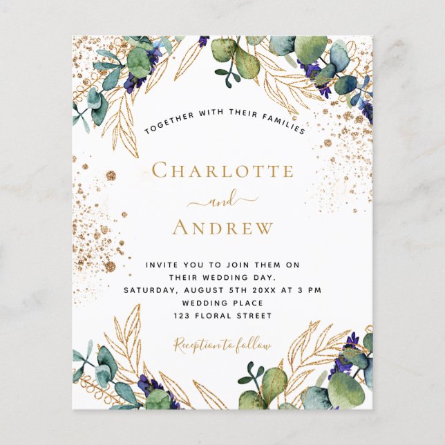 Budget eucalyptus greenery wedding invitation (Front)
