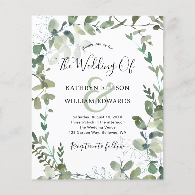 Budget Eucalyptus Greenery Wedding Invitation Flyer (Front)