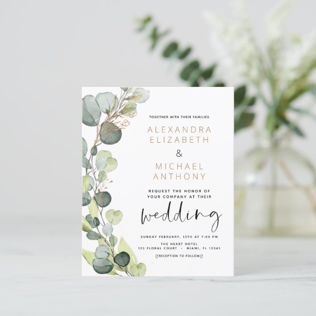 Budget Eucalyptus Greenery Wedding Invitations (Standing Front)