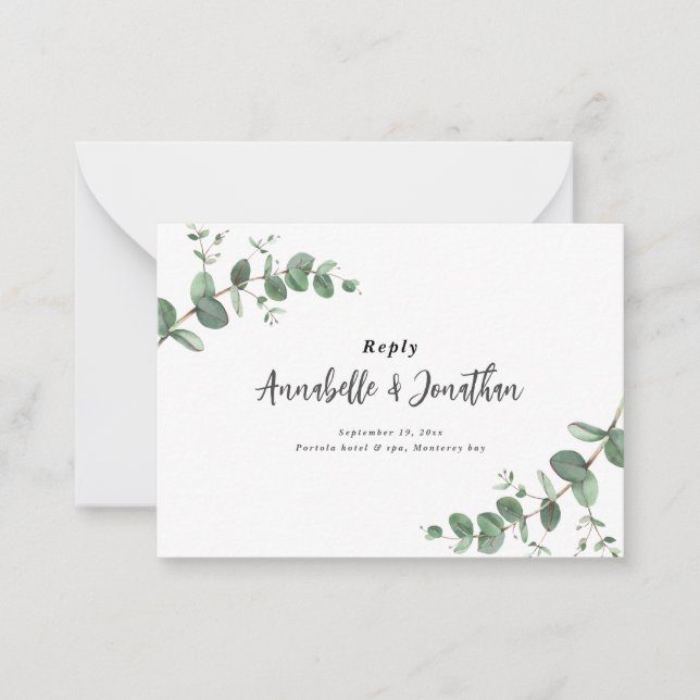 budget Eucalyptus Greenery Wedding RSVP reply Note Card (Front)