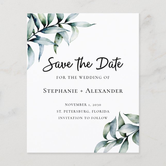 Budget Eucalyptus Greenery Wedding Save the Date (Front)