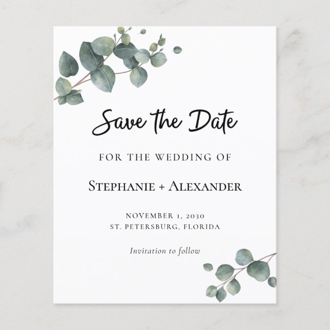 Budget Eucalyptus Greenery Wedding Save the Date (Front)