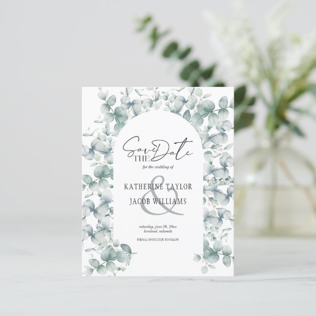 Budget Eucalyptus Greenery Wedding Save the Date (Standing Front)