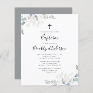 Budget Eucalyptus Grey Baptism Invitation