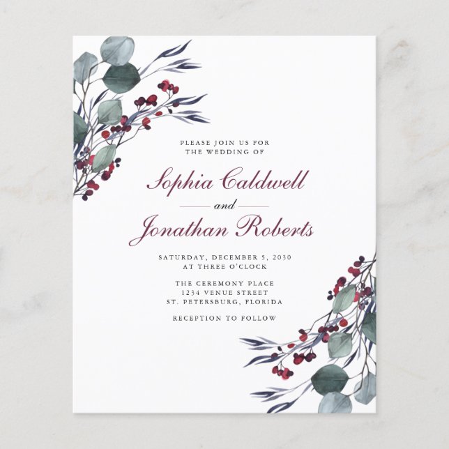 Budget Eucalyptus Holly Berries Wedding Invitation (Front)