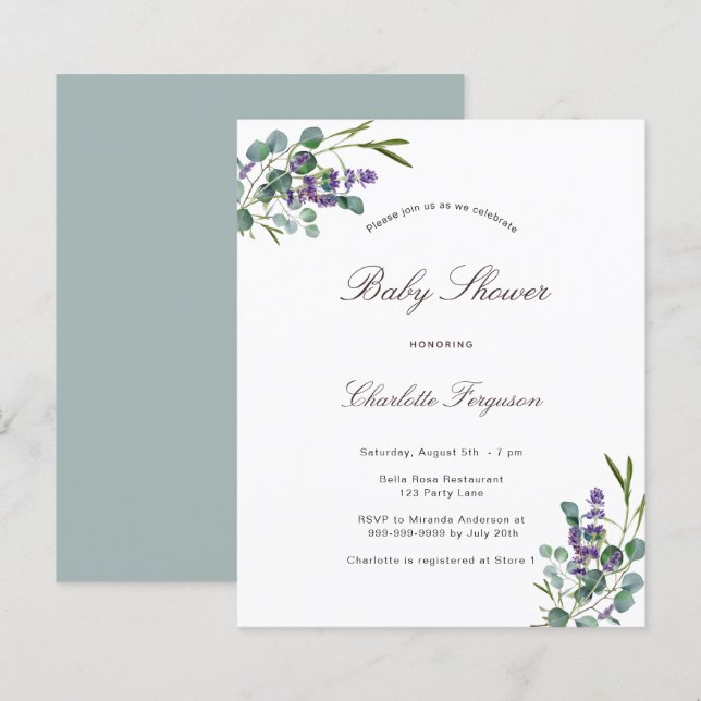 Budget eucalyptus lavender baby shower invitation (Front/Back)