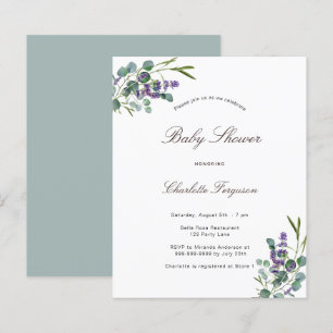 Budget eucalyptus lavender baby shower invitation