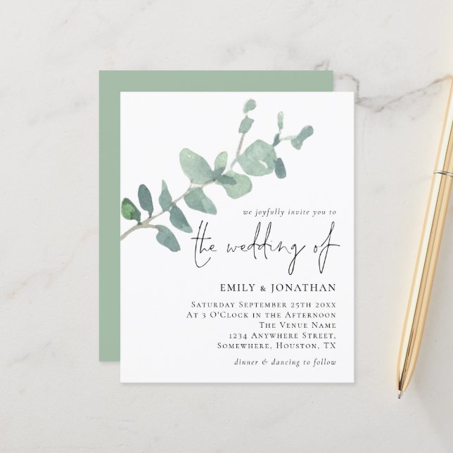 Budget Eucalyptus Leave Script Wedding Invitation (Front/Back In Situ)