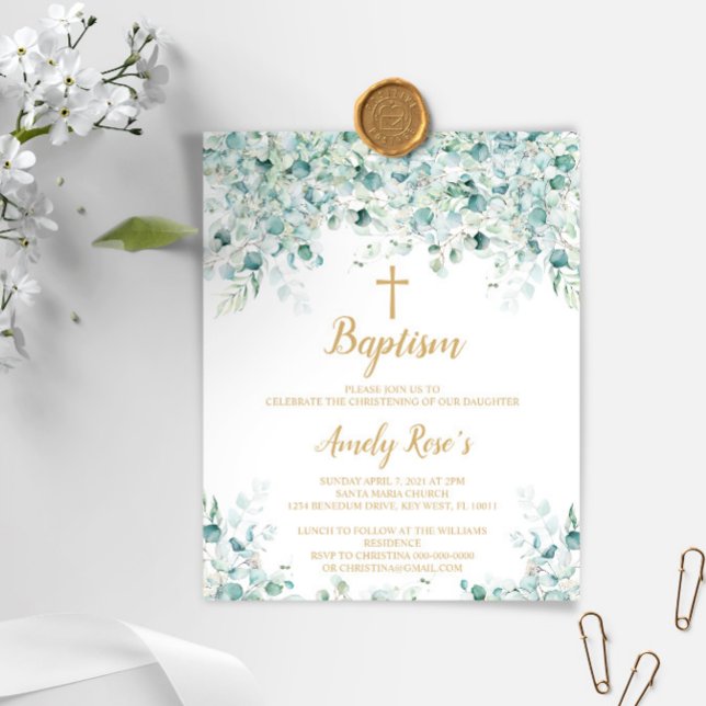 Budget Eucalyptus Leaves Baptism Invitation (Creator Uploaded)