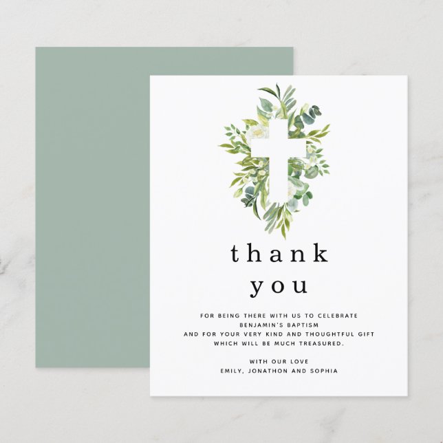 Budget Eucalyptus Leaves Cross Baptism Thank you (Front/Back)