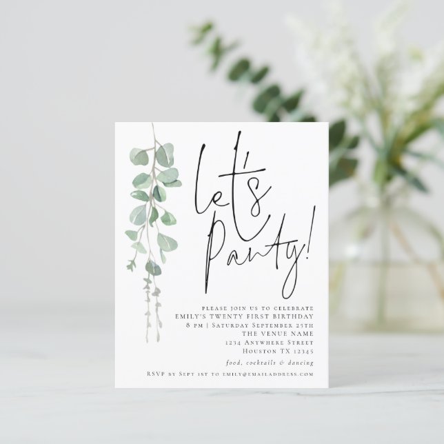 Budget Eucalyptus Lets Party 21st Birthday Invite (Standing Front)