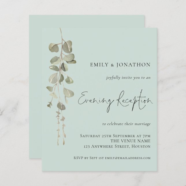 Budget Eucalyptus Mint Wedding Reception  Invite (Front/Back)