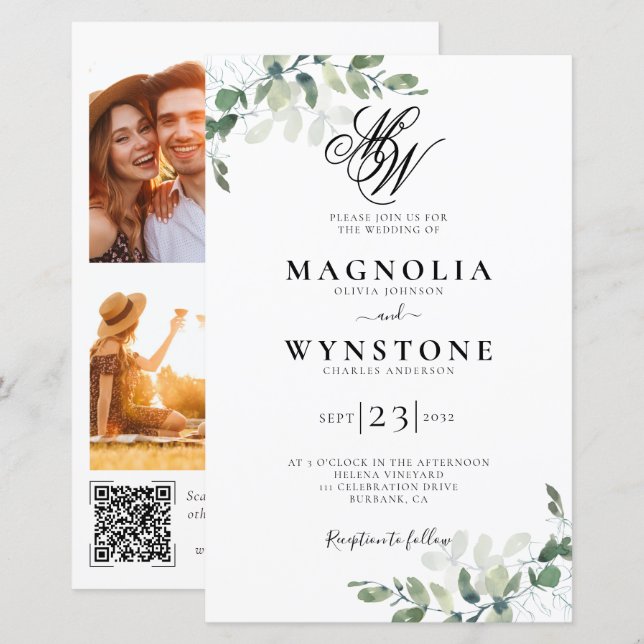 Budget Eucalyptus Monogram QR  Wedding Invitation (Front/Back)