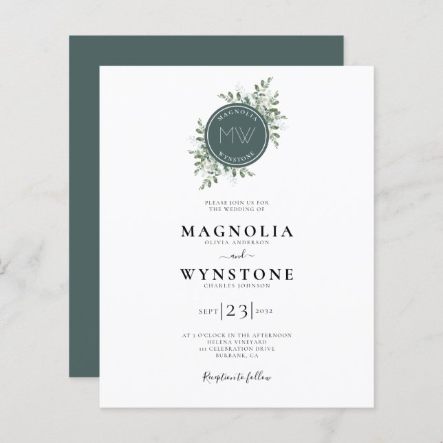 BUDGET Eucalyptus Monogram Wedding Invitation (Front/Back)
