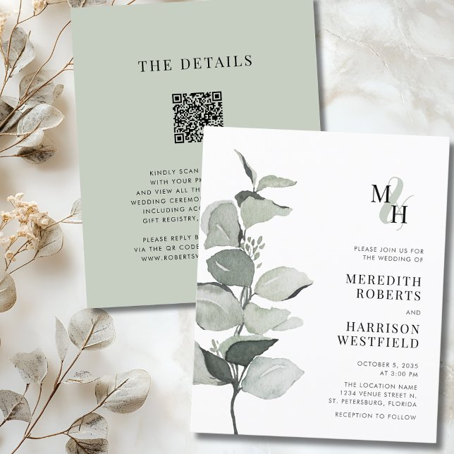 Budget Eucalyptus Monogram Wedding Invitation (Budget Eucalyptus Ampersand Monogram QR Code Wedding Invitation)