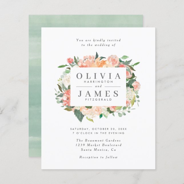 Budget Eucalyptus Peach Watercolor Floral Wedding (Front/Back)