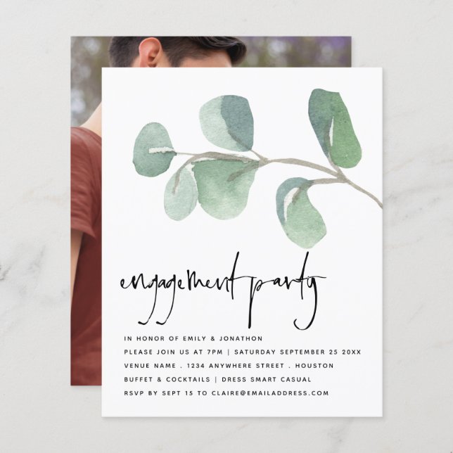 Budget Eucalyptus Photo Engagement Party Invite (Front/Back)