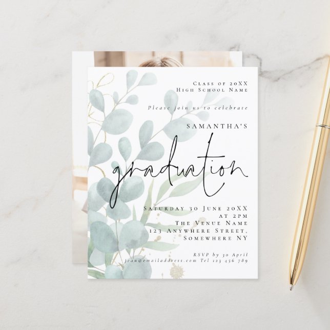 Budget Eucalyptus Photo Graduation Party Invite (Front/Back In Situ)