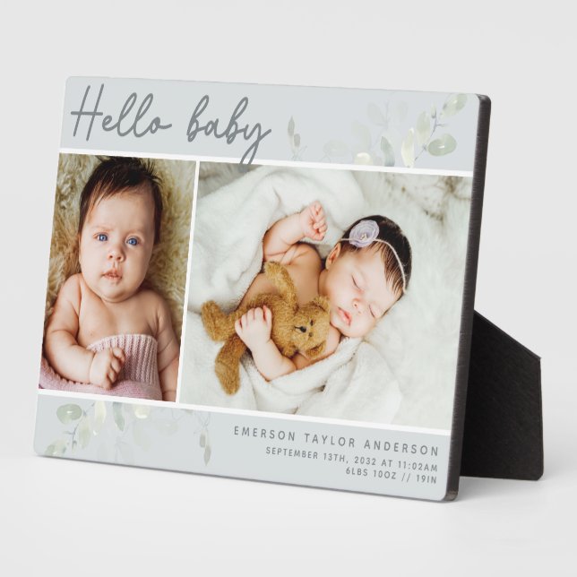 Budget Eucalyptus Photo Hello Baby Stats Plaque (Side)