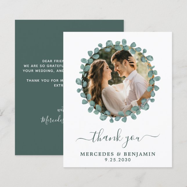Budget Eucalyptus Photo Modern Wedding Thank You (Front/Back)