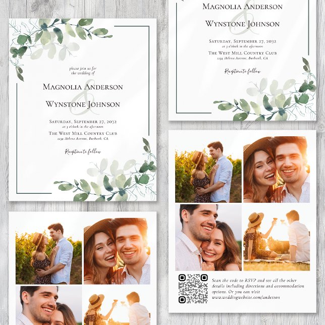 Budget Eucalyptus Photo QR Code Wedding Invitation (Creator Uploaded)